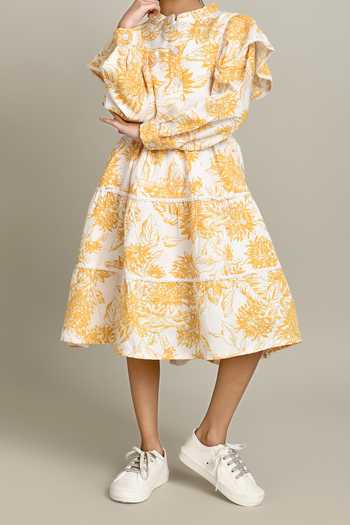 Petite Pomme_Mustard Cotton Floral Print Fit And Flare Dress_Online_at_Aza_Fashions