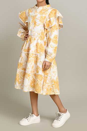 Buy_Petite Pomme_Mustard Cotton Floral Print Fit And Flare Dress_Online_at_Aza_Fashions
