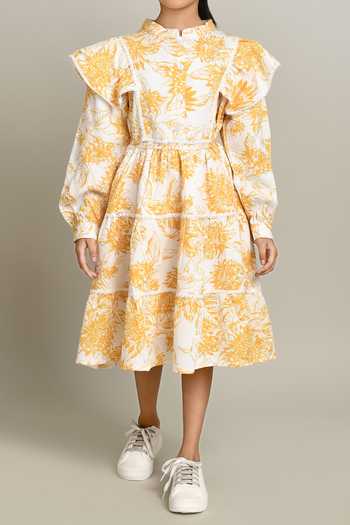Shop_Petite Pomme_Mustard Cotton Floral Print Fit And Flare Dress_Online_at_Aza_Fashions
