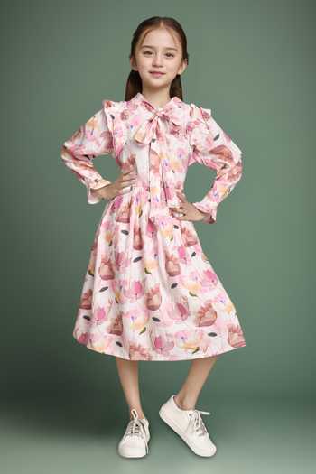 Buy Pink Cotton Ruffles Floral Print Fit And Flare Dress For Girls by ...