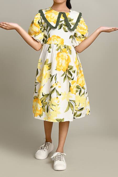Petite Pomme_White Cotton Floral Fit And Flare Dress_Online_at_Aza_Fashions