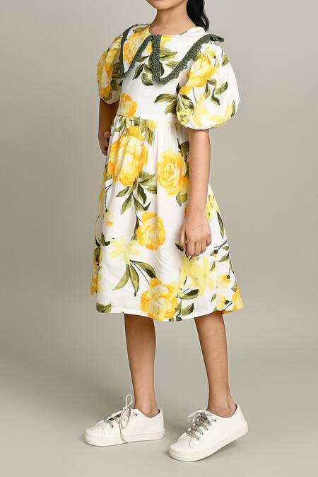 Buy_Petite Pomme_White Cotton Floral Fit And Flare Dress_Online_at_Aza_Fashions