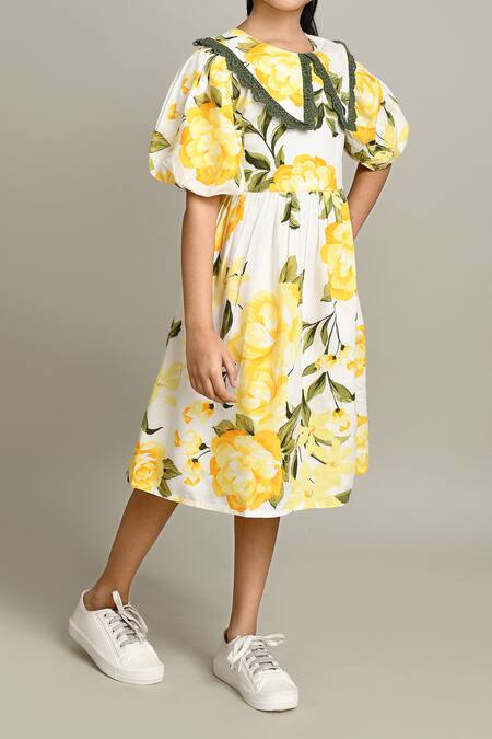 Shop_Petite Pomme_White Cotton Floral Fit And Flare Dress_Online_at_Aza_Fashions