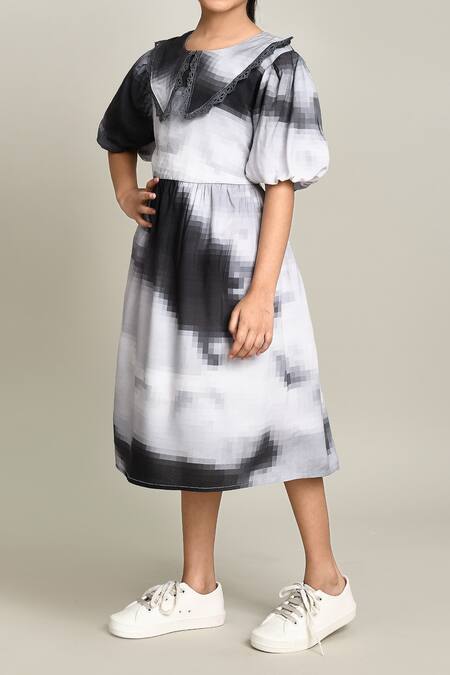 Petite Pomme_Gray Cotton Embroidery Fit And Flare Dress_Online_at_Aza_Fashions