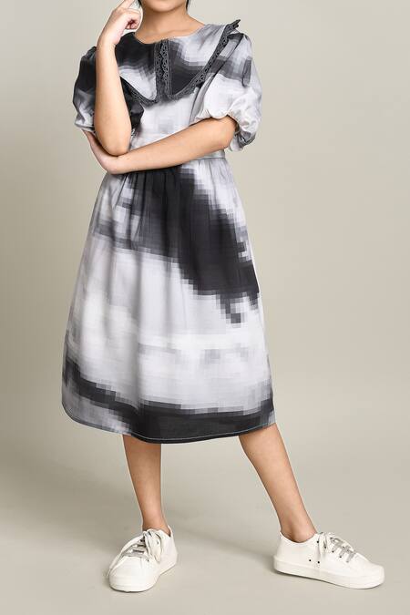 Shop_Petite Pomme_Gray Cotton Embroidery Fit And Flare Dress_Online_at_Aza_Fashions