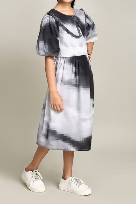 Petite Pomme_Gray Cotton Embroidery Fit And Flare Dress_at_Aza_Fashions