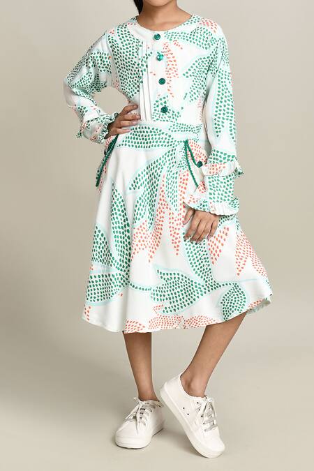 Petite Pomme_White Cotton Floral Print Fit And Flare Dress_Online_at_Aza_Fashions