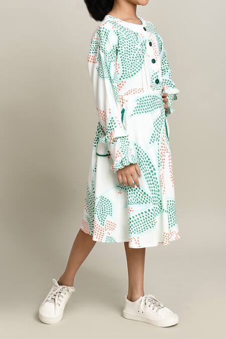 Petite Pomme_White Cotton Floral Print Fit And Flare Dress_at_Aza_Fashions