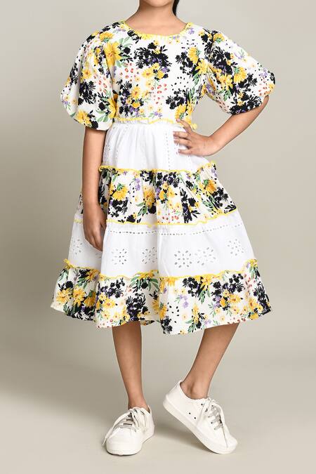 Petite Pomme_Multi Color Cotton Floral Print Fit And Flare Dress _at_Aza_Fashions