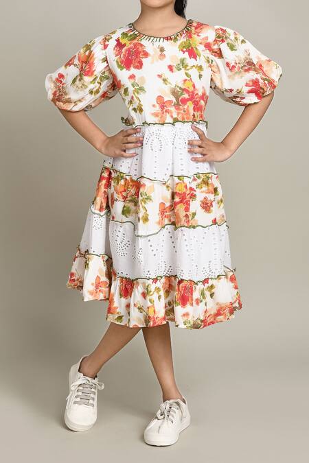 Buy_Petite Pomme_Red Cotton Embroidery Floral Print Fit And Flare Dress_Online_at_Aza_Fashions