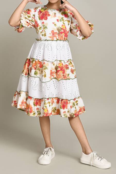 Shop_Petite Pomme_Red Cotton Embroidery Floral Print Fit And Flare Dress_Online_at_Aza_Fashions