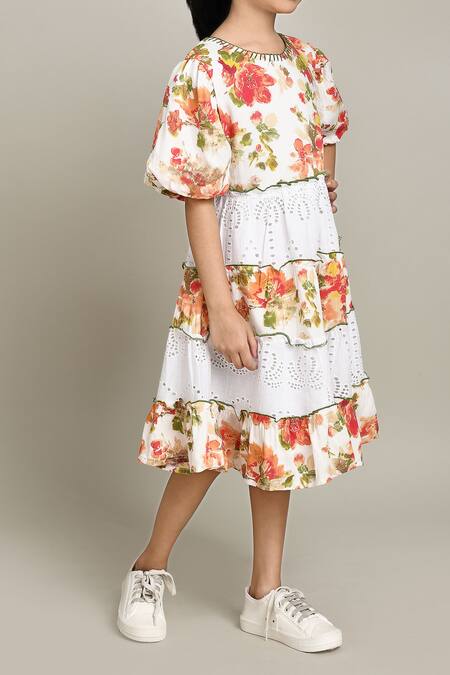 Petite Pomme_Red Cotton Embroidery Floral Print Fit And Flare Dress_at_Aza_Fashions