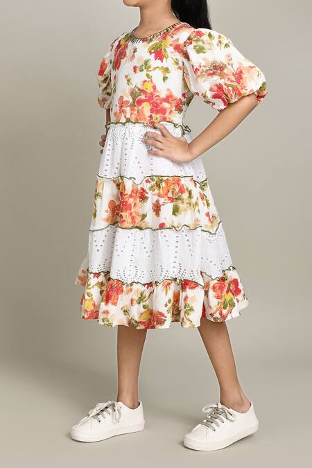 Buy_Petite Pomme_Red Cotton Embroidery Floral Print Fit And Flare Dress