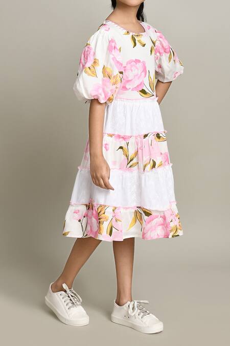 Petite Pomme_Pink Cotton Floral Print Fit And Flare Dress_Online_at_Aza_Fashions