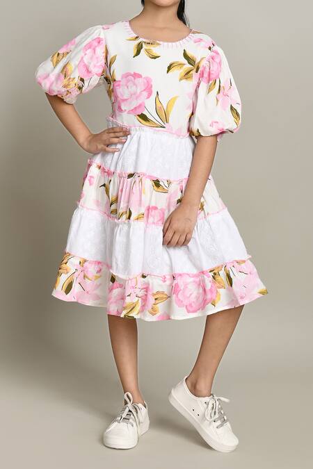 Buy_Petite Pomme_Pink Cotton Floral Print Fit And Flare Dress_Online_at_Aza_Fashions