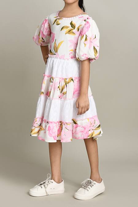 Shop_Petite Pomme_Pink Cotton Floral Print Fit And Flare Dress_Online_at_Aza_Fashions