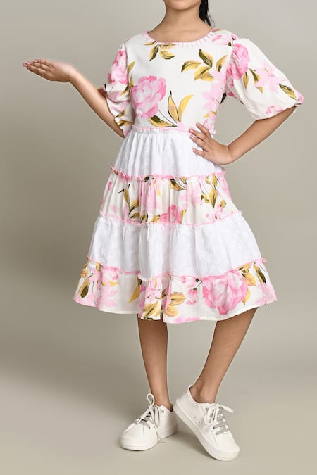 Petite Pomme_Pink Cotton Floral Print Fit And Flare Dress_at_Aza_Fashions