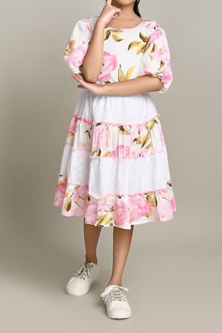 Buy_Petite Pomme_Pink Cotton Floral Print Fit And Flare Dress