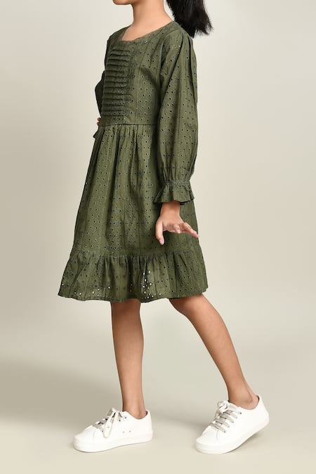 Petite Pomme_Green Cotton Embroidery Fit And Flare Dress_Online_at_Aza_Fashions
