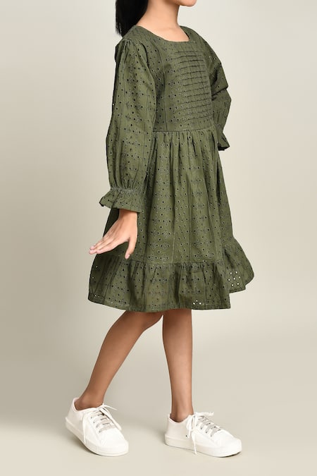 Buy_Petite Pomme_Green Cotton Embroidery Fit And Flare Dress_Online_at_Aza_Fashions