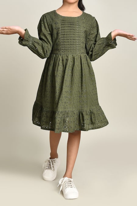 Shop_Petite Pomme_Green Cotton Embroidery Fit And Flare Dress_Online_at_Aza_Fashions