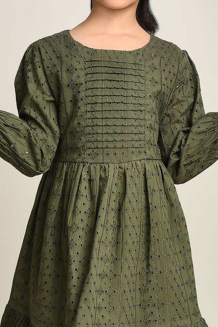 Petite Pomme_Green Cotton Embroidery Fit And Flare Dress_at_Aza_Fashions