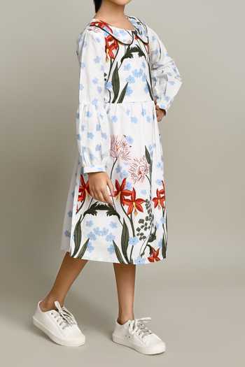 Petite Pomme_White Cotton Floral Print Fit And Flare Dress_Online_at_Aza_Fashions