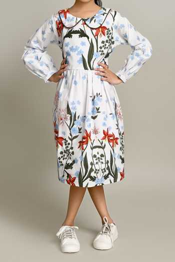 Buy_Petite Pomme_White Cotton Floral Print Fit And Flare Dress_Online_at_Aza_Fashions