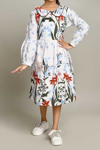 Shop_Petite Pomme_White Cotton Floral Print Fit And Flare Dress_Online_at_Aza_Fashions