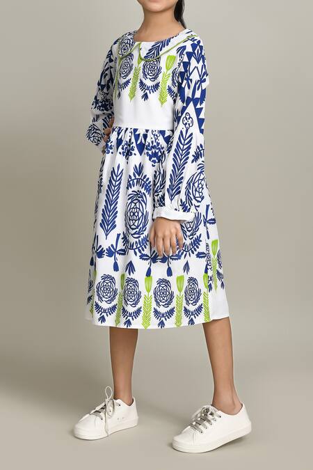 Petite Pomme_Blue Cotton Embroidery Floral Printed Fit And Flare Dress_Online_at_Aza_Fashions