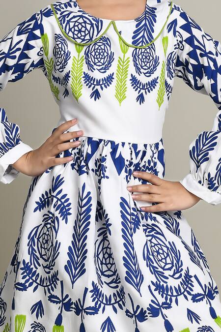 Petite Pomme_Blue Cotton Embroidery Floral Printed Fit And Flare Dress_at_Aza_Fashions