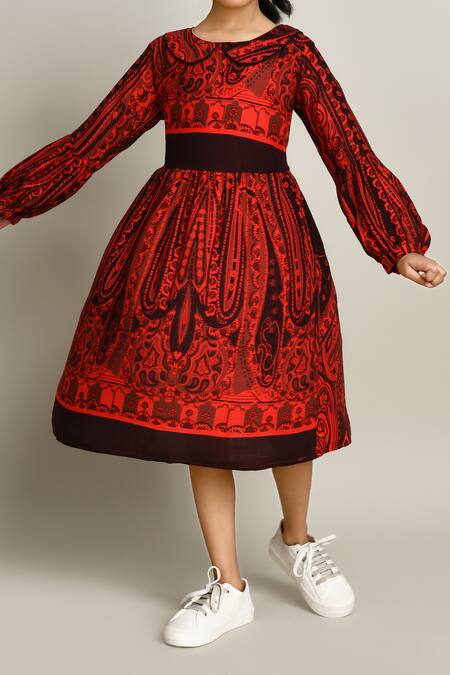 Petite Pomme_Red Cotton Fit And Flare Dress With Long Sleeves_Online_at_Aza_Fashions