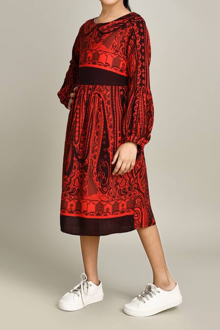 Buy_Petite Pomme_Red Cotton Fit And Flare Dress With Long Sleeves_Online_at_Aza_Fashions