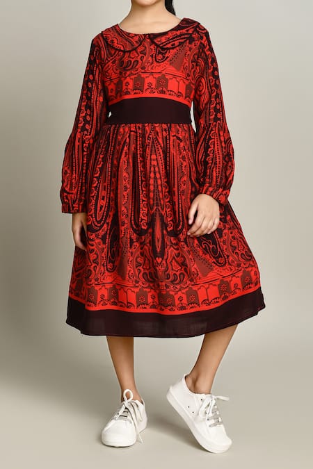 Shop_Petite Pomme_Red Cotton Fit And Flare Dress With Long Sleeves_Online_at_Aza_Fashions