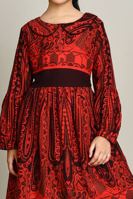 Petite Pomme Red Cotton Fit And Flare Dress With Long Sleeves at Aza Fashions Petite Pomme_Red Cotton Fit And Flare Dress With Long Sleeves_at_Aza_Fashions