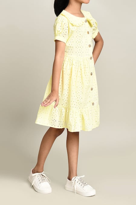 Petite Pomme_Yellow Cotton Fit And Flare Dress_Online_at_Aza_Fashions