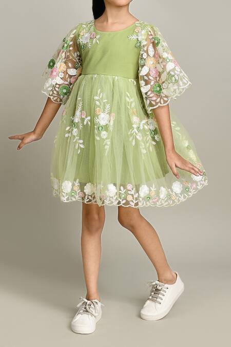 Petite Pomme_Green Cotton Embroidery Fit And Flare Dress With Sleeves_Online_at_Aza_Fashions