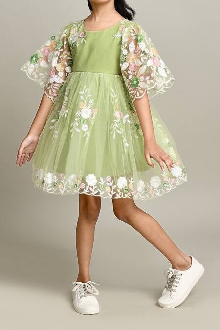 Shop_Petite Pomme_Green Cotton Embroidery Fit And Flare Dress With Sleeves_Online_at_Aza_Fashions
