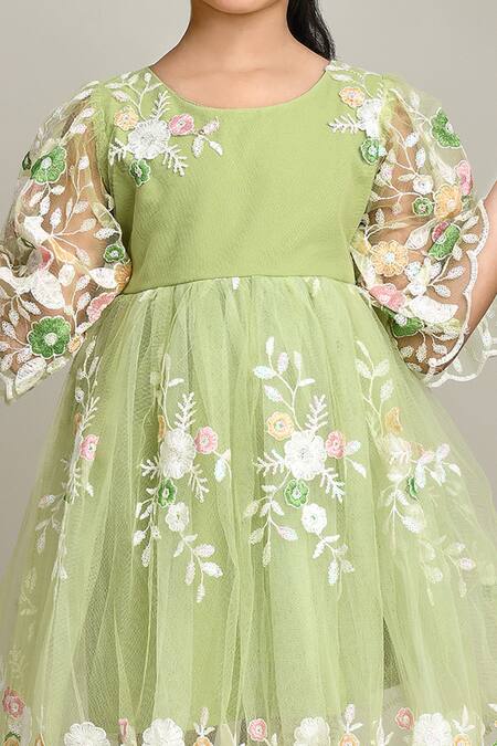 Petite Pomme_Green Cotton Embroidery Fit And Flare Dress With Sleeves_at_Aza_Fashions