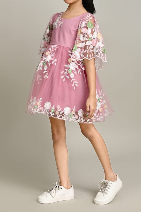 Buy_Petite Pomme_Pink Cotton Embroidery Floral Fit And Flare Dress_Online_at_Aza_Fashions