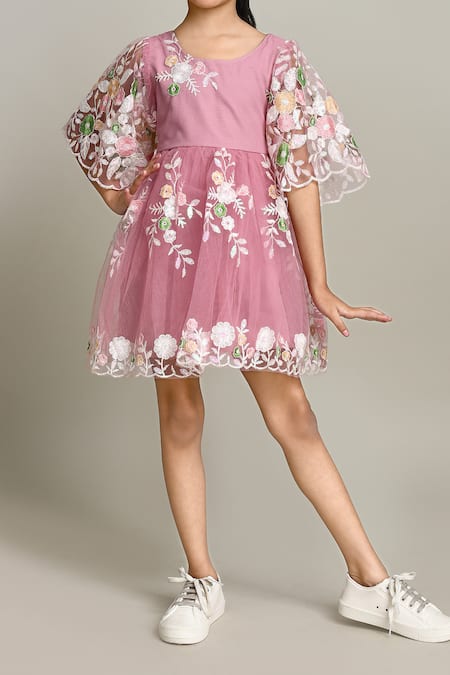 Shop_Petite Pomme_Pink Cotton Embroidery Floral Fit And Flare Dress_Online_at_Aza_Fashions