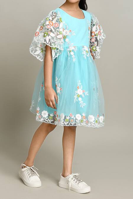 Petite Pomme_Blue Cotton Embroidery Floral Fit And Flare Dress_Online_at_Aza_Fashions