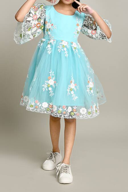 Buy_Petite Pomme_Blue Cotton Embroidery Floral Fit And Flare Dress_Online_at_Aza_Fashions
