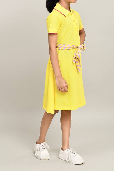 Petite Pomme_Yellow Cotton Girls Dress With Contrast Tie _Online_at_Aza_Fashions