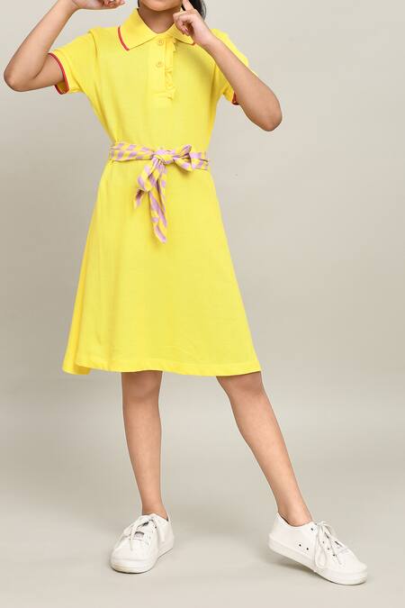 Buy_Petite Pomme_Yellow Cotton Girls Dress With Contrast Tie 
