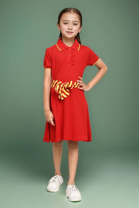Petite Pomme Girls Cotton Dress With Striped Belt 