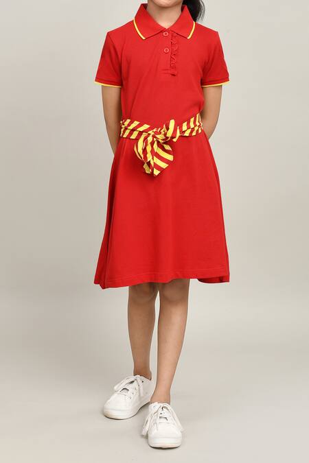 Buy_Petite Pomme_Red Cotton Girls Dress With Striped Belt 