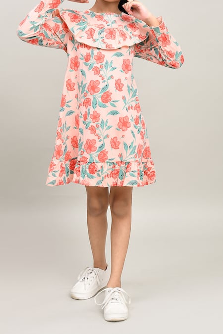 Petite Pomme_Peach Cotton Ruffles Floral Printed Dress With Details _Online_at_Aza_Fashions