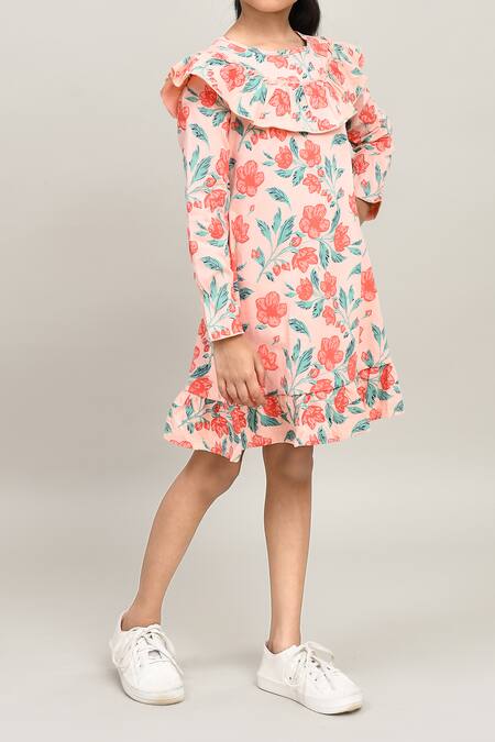 Buy_Petite Pomme_Peach Cotton Ruffles Floral Printed Dress With Details _Online_at_Aza_Fashions