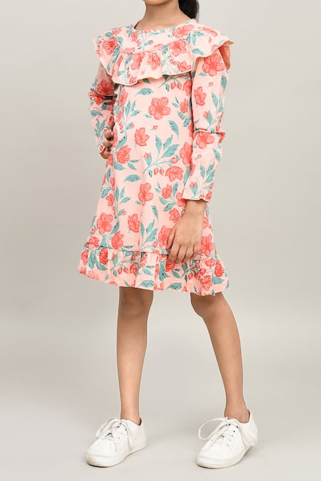 Petite Pomme_Peach Cotton Ruffles Floral Printed Dress With Details _at_Aza_Fashions